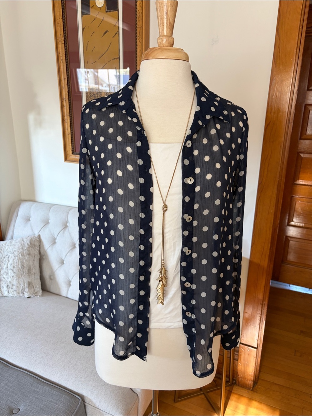 Polka Dot Sheer Button-Up Blouse - Navy/White